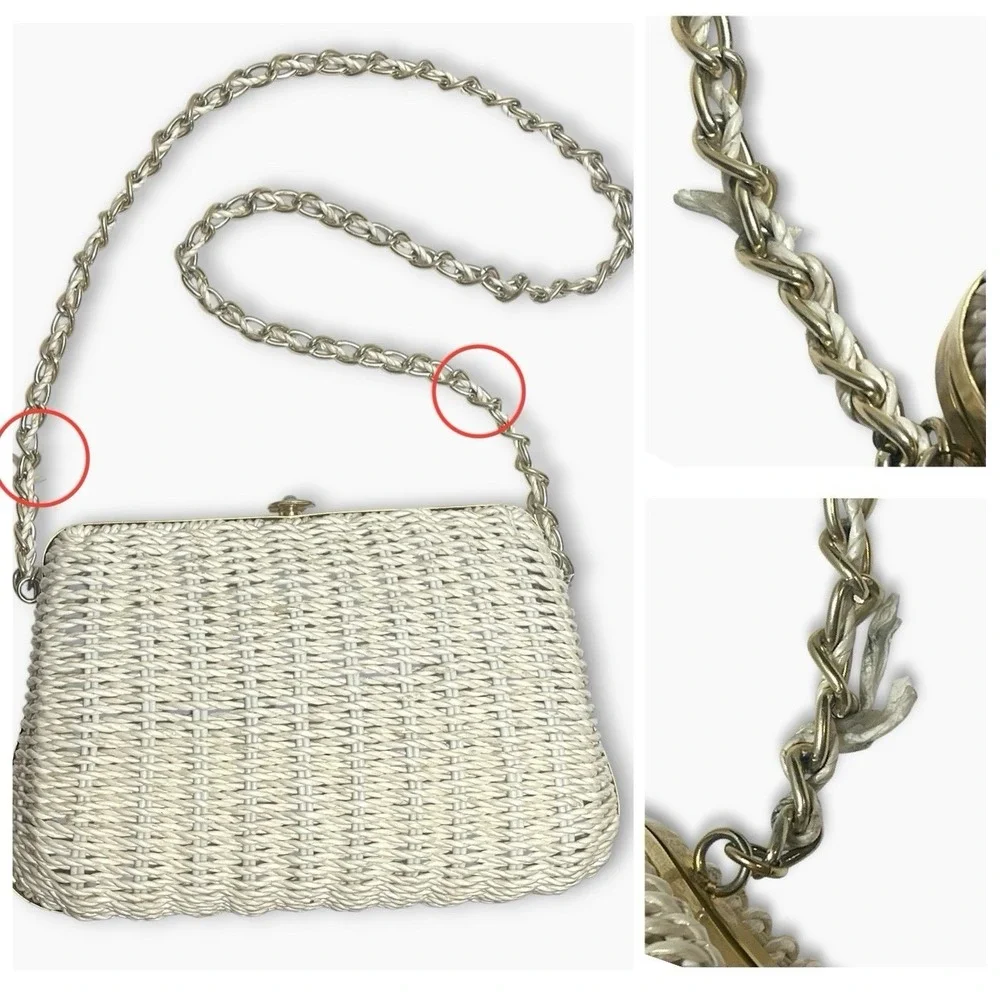 Vintage 60s Magid White Wicker Bag Purse Gold Chain Shoulder Strap